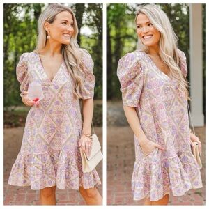 NWOT Karlie Floral Puff Sleeve Ruffle Dress Pink Medium